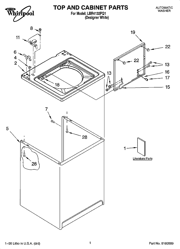 TOP AND CABINET PARTS Diagram and Parts List for LBR4132PQ1  Whirlpool Washer
