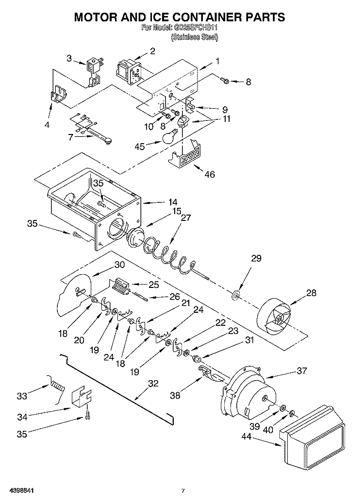MOTOR AND ICE CONTAINER Diagram and Parts List for GD25SFCHS111  Whirlpool Refrigerator