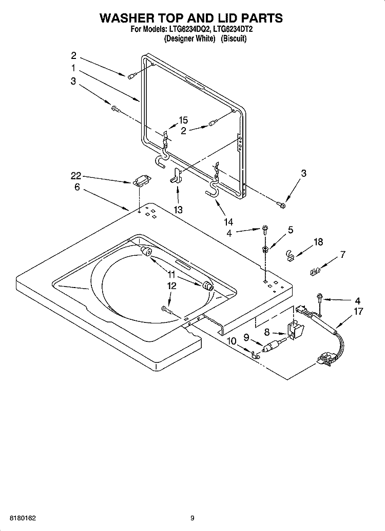WASHER TOP AND LID PARTS Diagram and Parts List for LTG6234DT2  Whirlpool Washer Dryer Combo