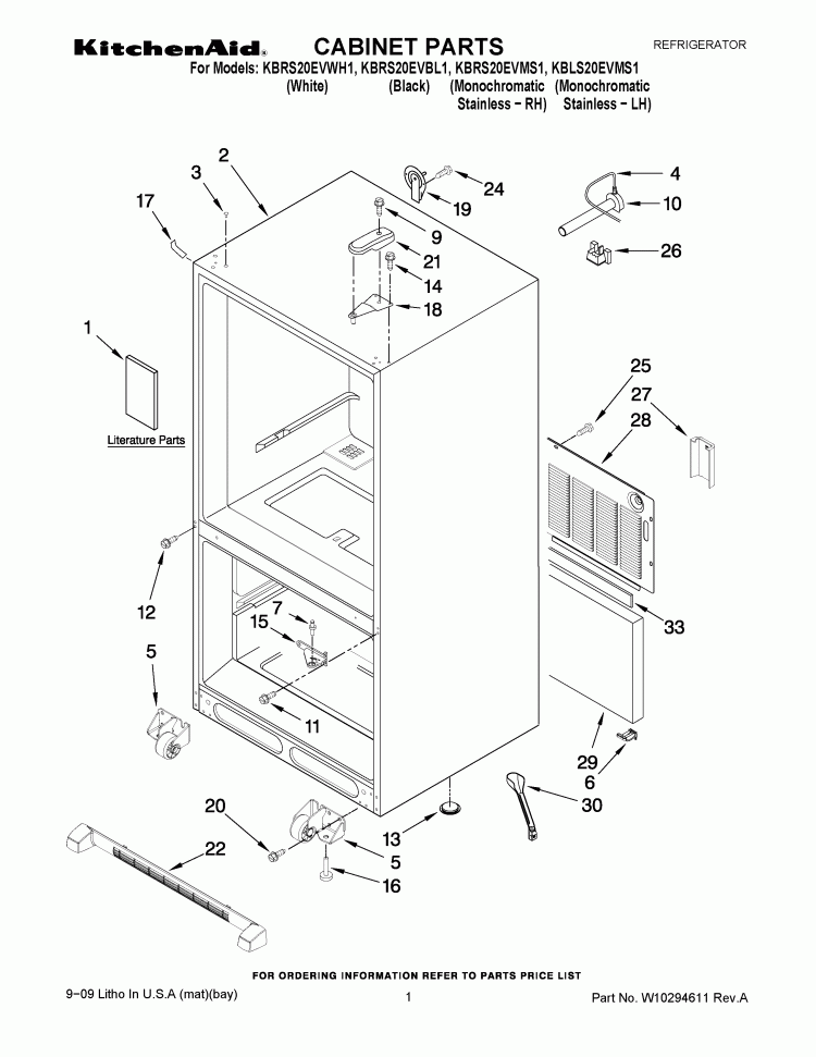 CABINET PARTS Diagram and Parts List for KBRS20EVMS1  KitchenAid Refrigerator