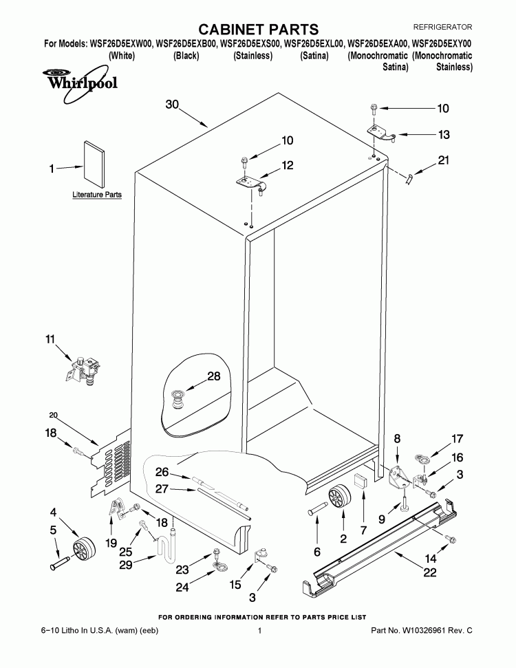 CABINET PARTS Diagram and Parts List for WSF26D5EXL00  Whirlpool Refrigerator