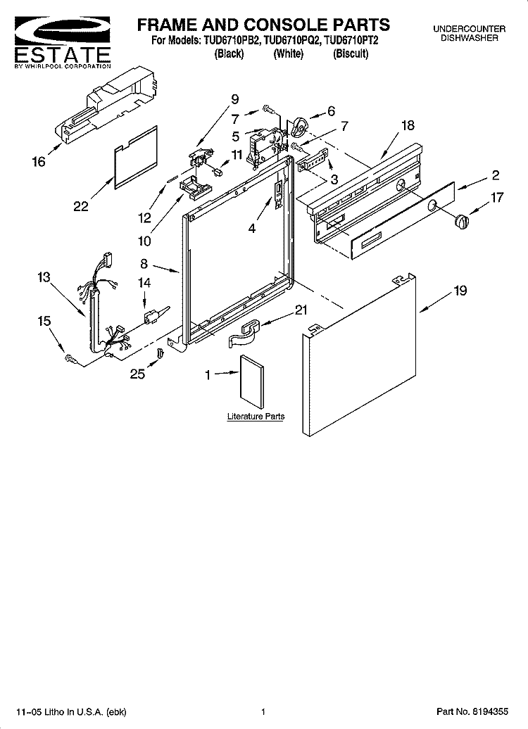 FRAME AND CONSOLE PARTS Diagram and Parts List for TUD6710PQ2  Estate Dishwasher