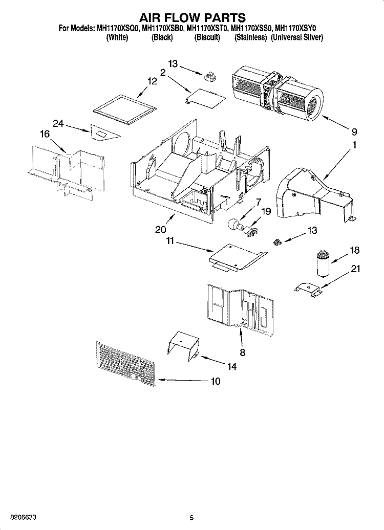 AIR FLOW PARTS Diagram and Parts List for MH1170XSB0  Whirlpool Microwave