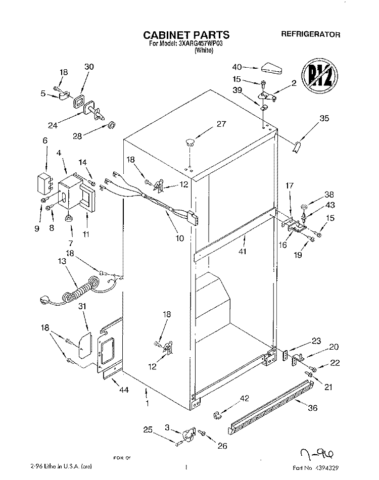 CABINET Diagram and Parts List for 3XARG457WP03  Whirlpool Refrigerator