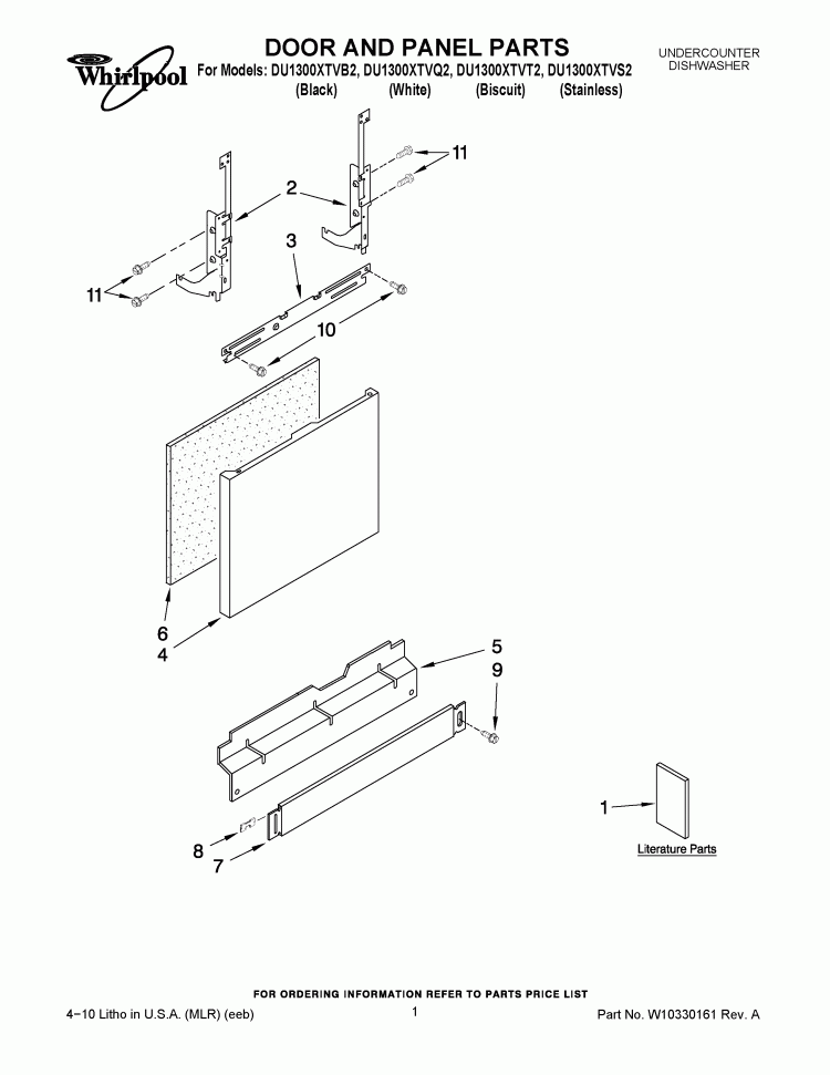 DOOR AND PANEL PARTS Diagram and Parts List for DU1300XTVQ2  Whirlpool Dishwasher