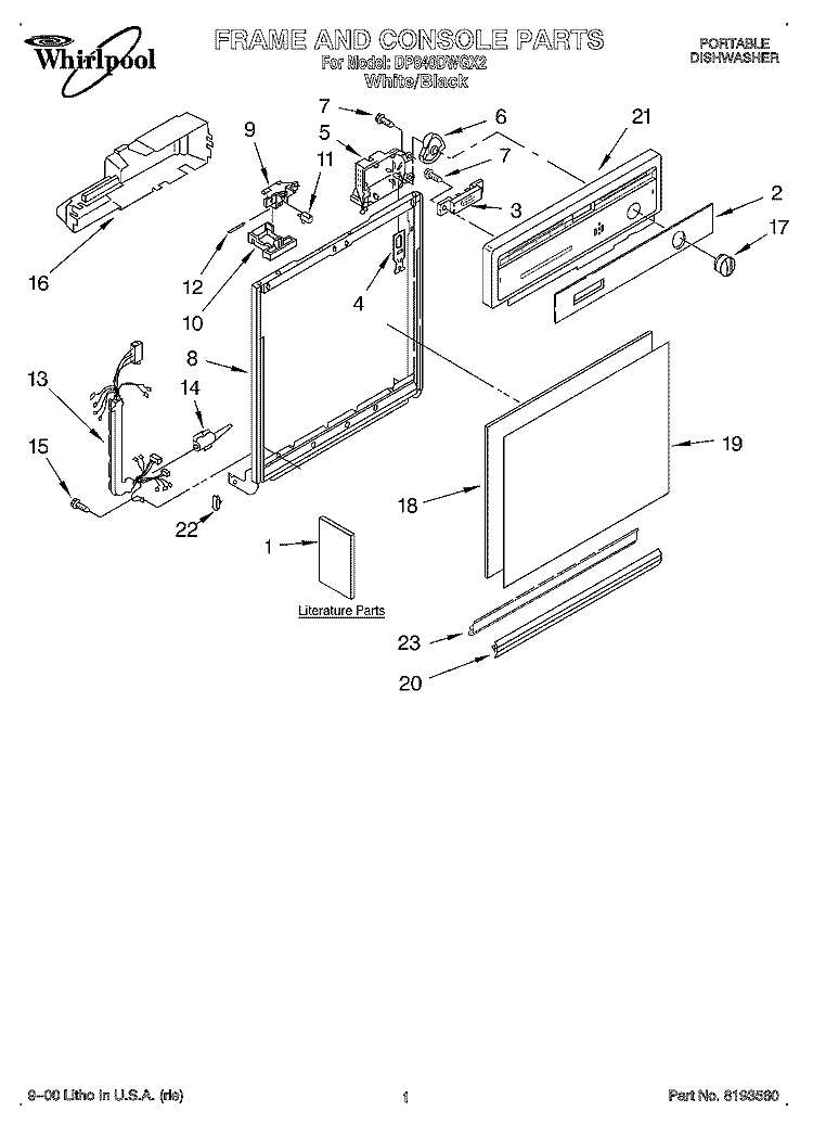 FRAME AND CONSOLE, LITERATURE Diagram and Parts List for DP840DWGX2  Whirlpool Dishwasher
