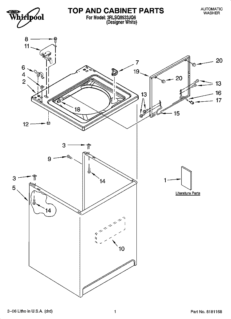 TOP AND CABINET PARTS Diagram and Parts List for 3RLSQ8533JQ6  Whirlpool Washer
