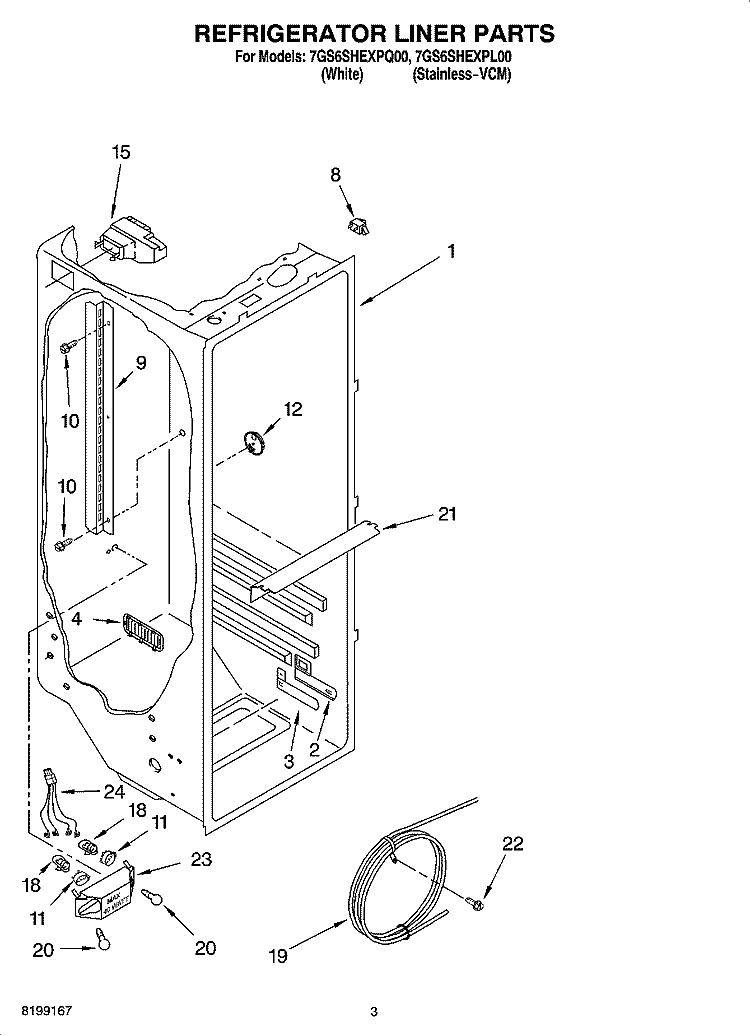 REFRIGERATOR LINER PARTS Diagram and Parts List for 7GS6SHEXPQ00  Whirlpool Refrigerator