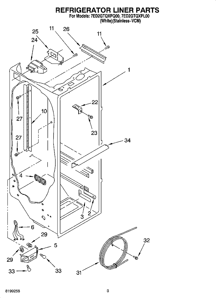 REFRIGERATOR LINER PARTS Diagram and Parts List for 7ED2GTQXPL00  Whirlpool Refrigerator