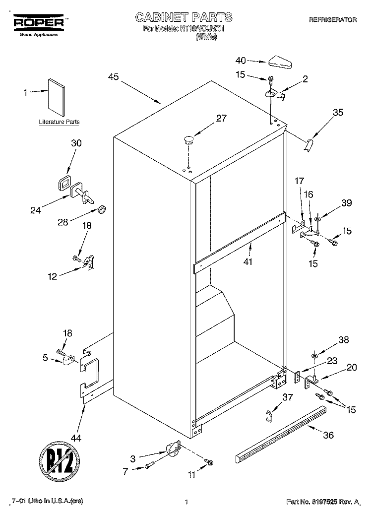CABINET, LITERATURE Diagram and Parts List for RT18AKXJW01  Roper Refrigerator