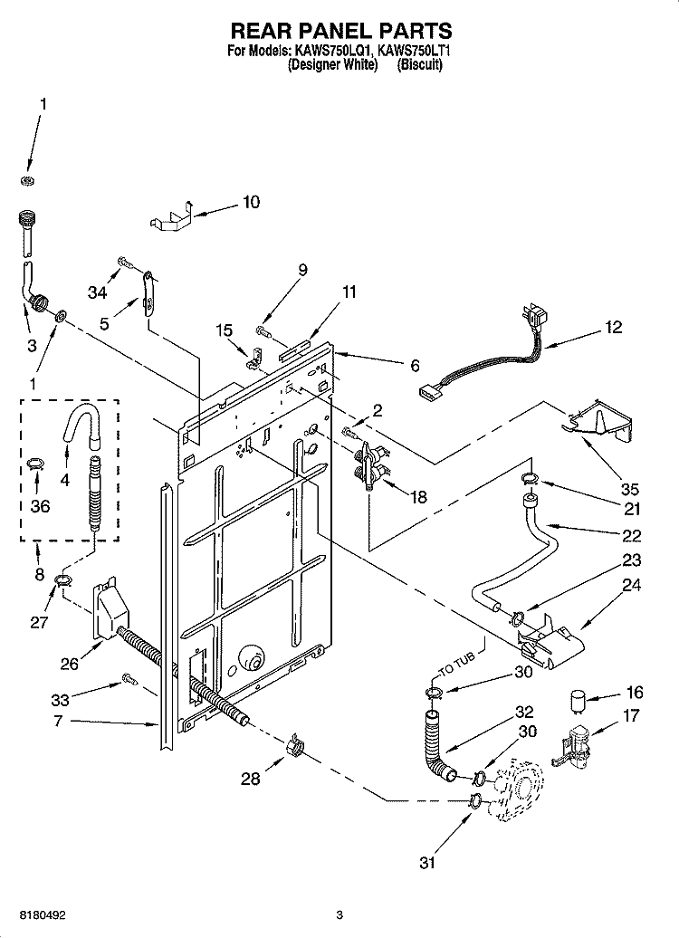 REAR PANEL PARTS Diagram and Parts List for KAWS750LT1  KitchenAid Washer