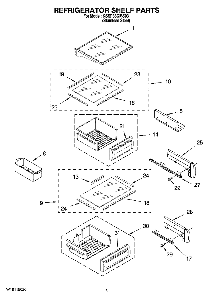 REFRIGERATOR SHELF PARTS Diagram and Parts List for KSSP36QMS03  KitchenAid Refrigerator
