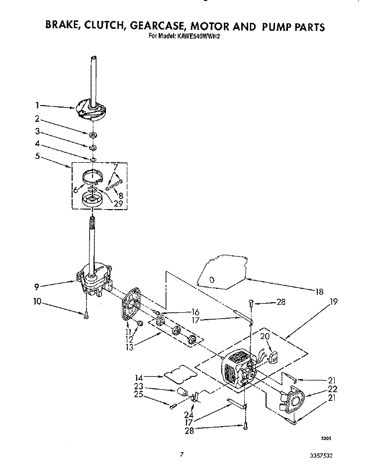 BRAKE, CLUTCH, GEARCASE, MOTOR & PUMP Diagram and Parts List for KAWE540WAL2  KitchenAid Washer