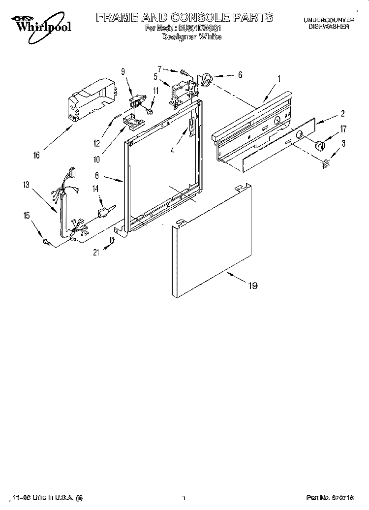 FRAME AND CONSOLE Diagram and Parts List for DU801DWGQ1  Whirlpool Dishwasher