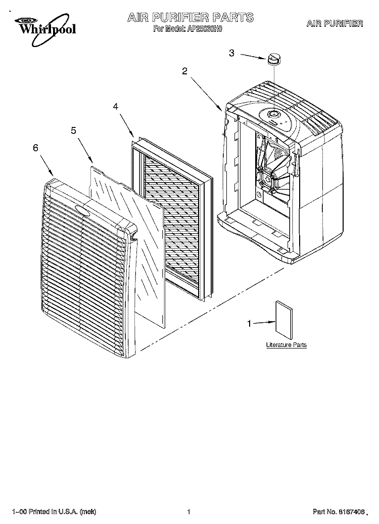 SECTION Diagram and Parts List for AP25030H0  Whirlpool Air Purifier