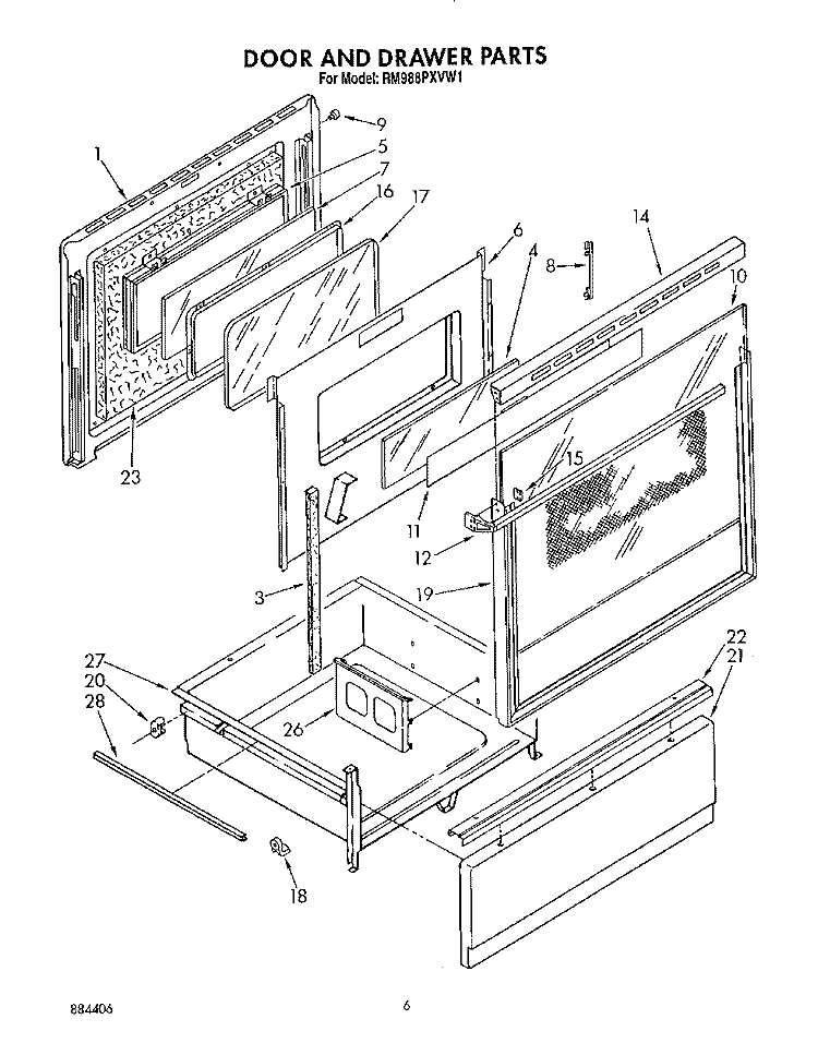 DOOR AND DRAWER Diagram and Parts List for RM988PXVM1  Whirlpool Microwave Oven Combo