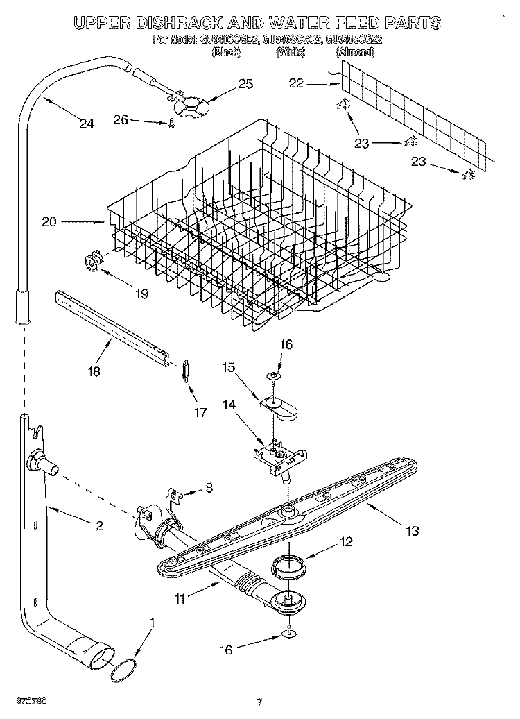 UPPER DISHRACK AND WATER FEED Diagram and Parts List for GU940SCGQ2  Whirlpool Dishwasher