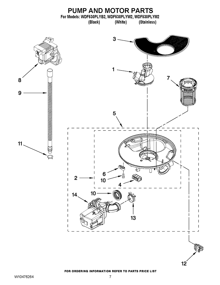 PUMP AND MOTOR PARTS Diagram and Parts List for WDF530PLYB2  Whirlpool Dishwasher