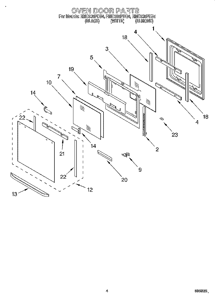 OVEN DOOR Diagram and Parts List for RMC305PDQ4  Whirlpool Microwave Oven Combo