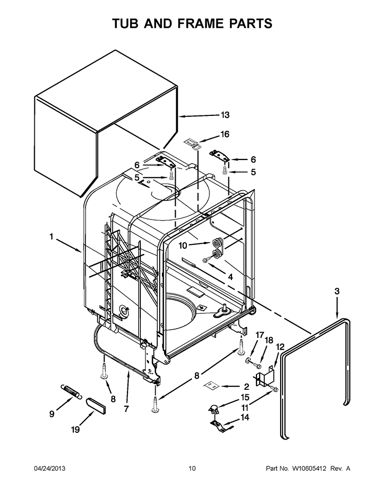 TUB AND FRAME PARTS Diagram and Parts List for WDF310PAAT3  Whirlpool Dishwasher