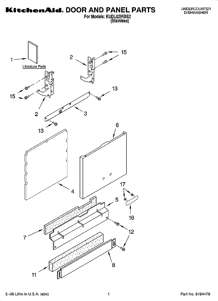 DOOR AND PANEL PARTS Diagram and Parts List for KUDL02IRBS2  KitchenAid Dishwasher