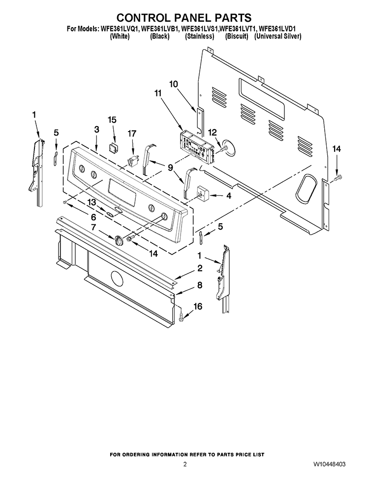 CONTROL PANEL PARTS Diagram and Parts List for WFE361LVS1  Whirlpool Range