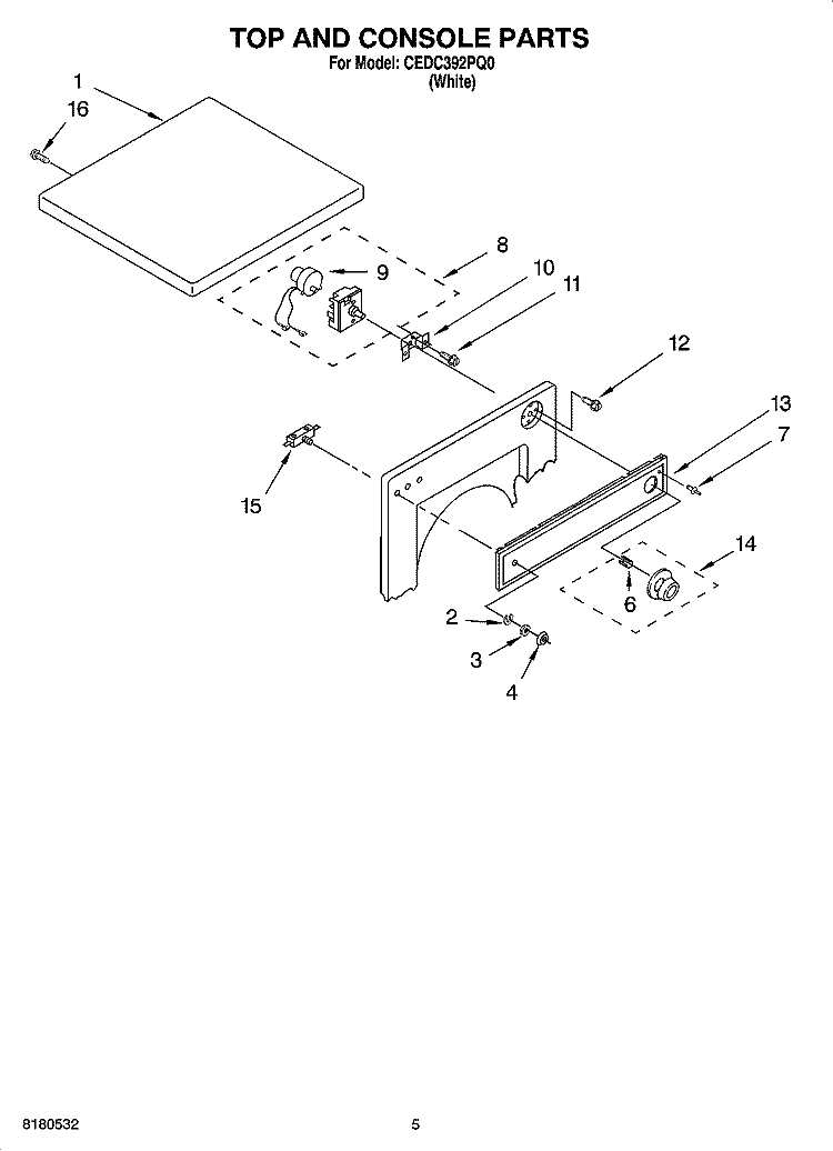 TOP AND CONSOLE PARTS, OPTIONAL PARTS (NOT INCLUDED) Diagram and Parts List for CEDC392PQ0  Crosley Dryer
