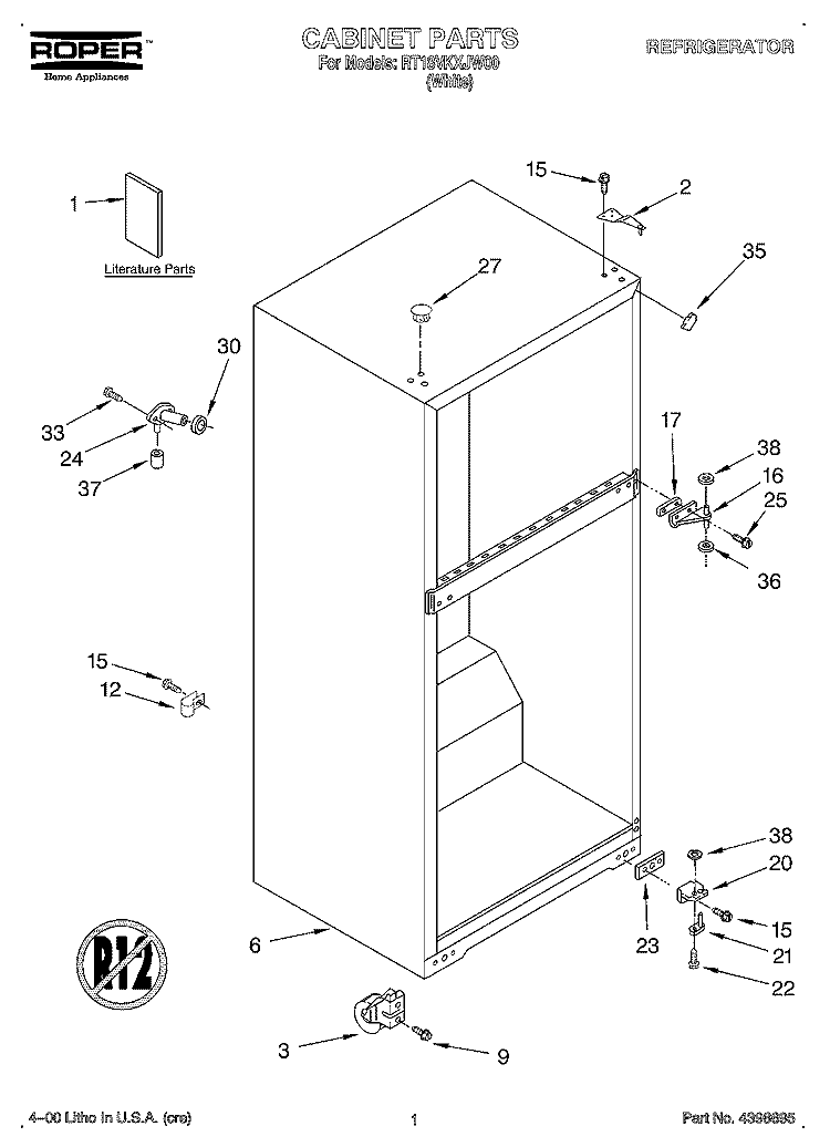 CABINET, LITERATURE Diagram and Parts List for RT18VKXJW00  Roper Refrigerator