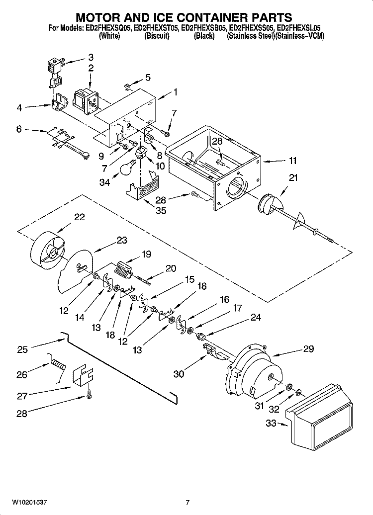 MOTOR AND ICE CONTAINER PARTS Diagram and Parts List for ED2FHEXST05  Whirlpool Refrigerator
