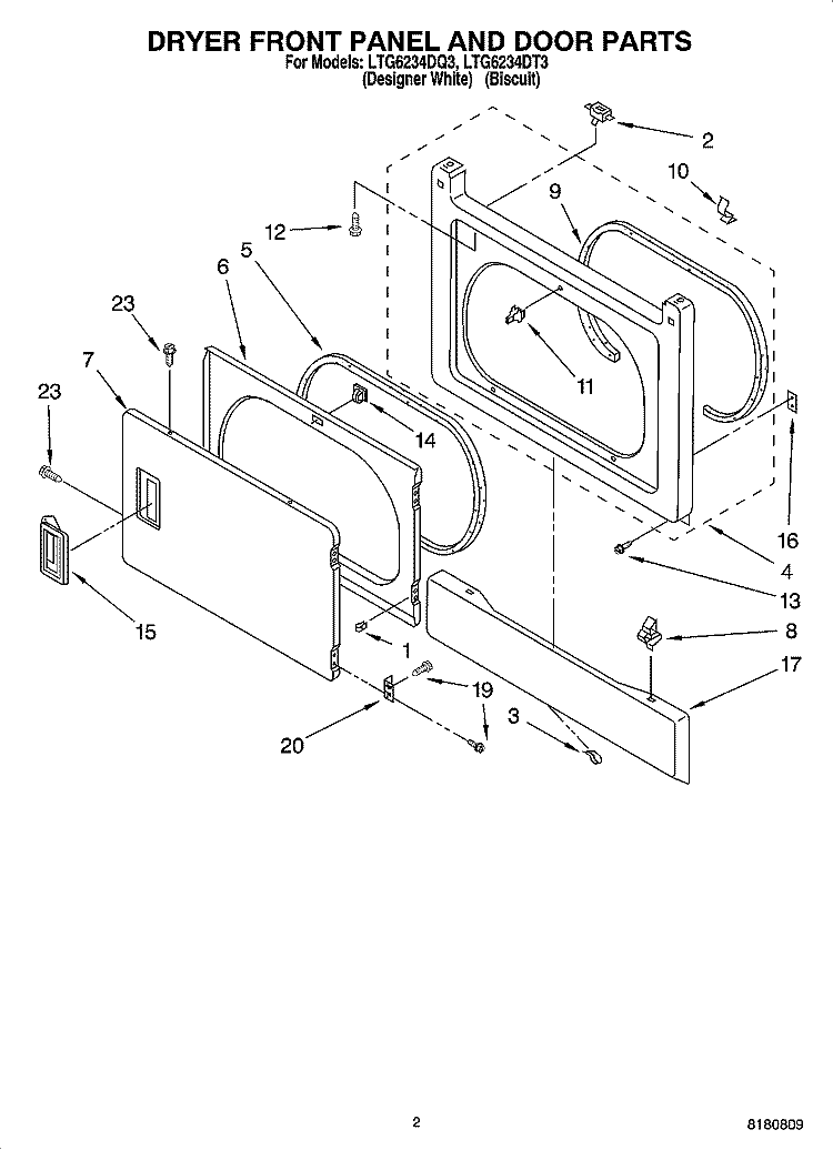 DRYER FRONT PANEL AND DOOR PARTS Diagram and Parts List for LTG6234DQ3  Whirlpool Washer Dryer Combo