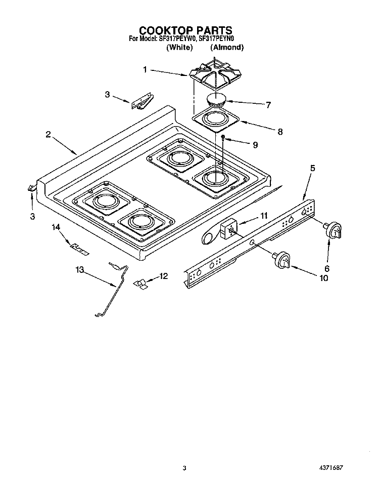 COOKTOP Diagram and Parts List for SF317PEYW0  Whirlpool Range