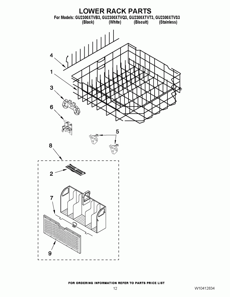 LOWER RACK PARTS Diagram and Parts List for GU2300XTVT3  Whirlpool Dishwasher