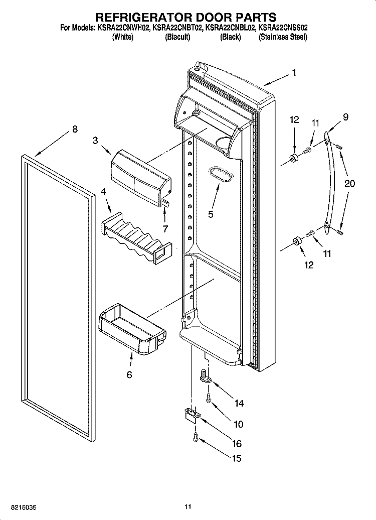 REFRIGERATOR DOOR PARTS Diagram and Parts List for KSRA22CNWH02  KitchenAid Refrigerator