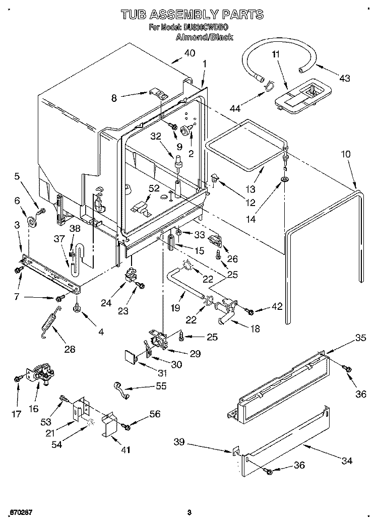 TUB ASSEMBLY Diagram and Parts List for DU830CWDB0  Whirlpool Dishwasher