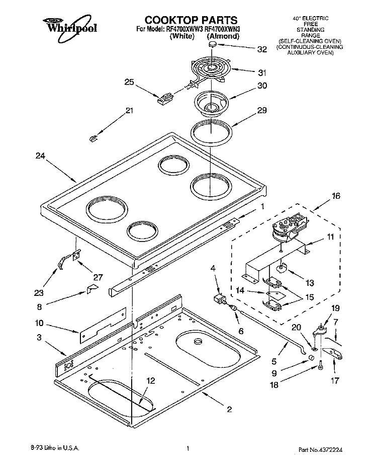 COOKTOP Diagram and Parts List for RF4700XWN3  Whirlpool Range