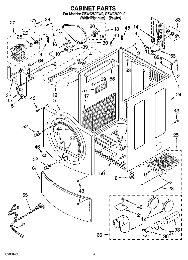 CABINET PARTS Diagram and Parts List for GEW9260PW0  Whirlpool Dryer