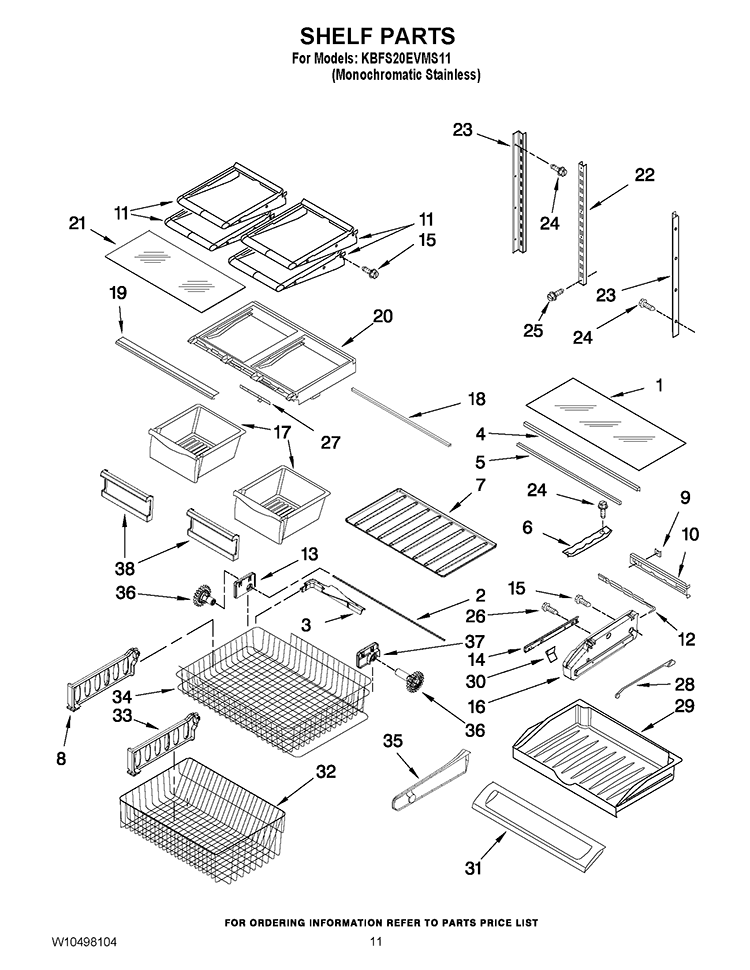 SHELF PARTS Diagram and Parts List for KBFS20EVMS11  KitchenAid Refrigerator