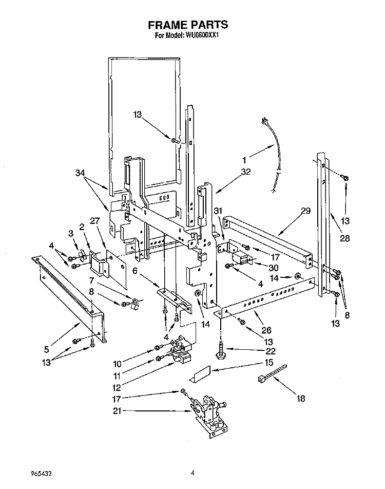 FRAME, LIT/OPTIONAL Diagram and Parts List for WU0800XX1  Roper Dishwasher