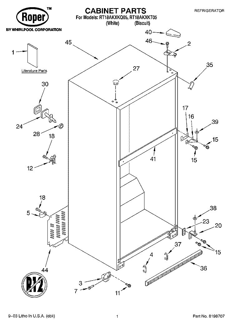 CABINET PARTS Diagram and Parts List for RT18AKXKT05  Roper Refrigerator