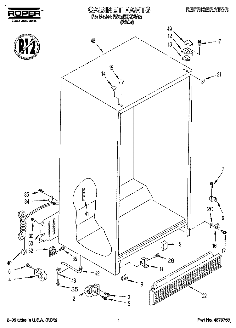 CABINET Diagram and Parts List for RS20EKXDW00  Roper Refrigerator