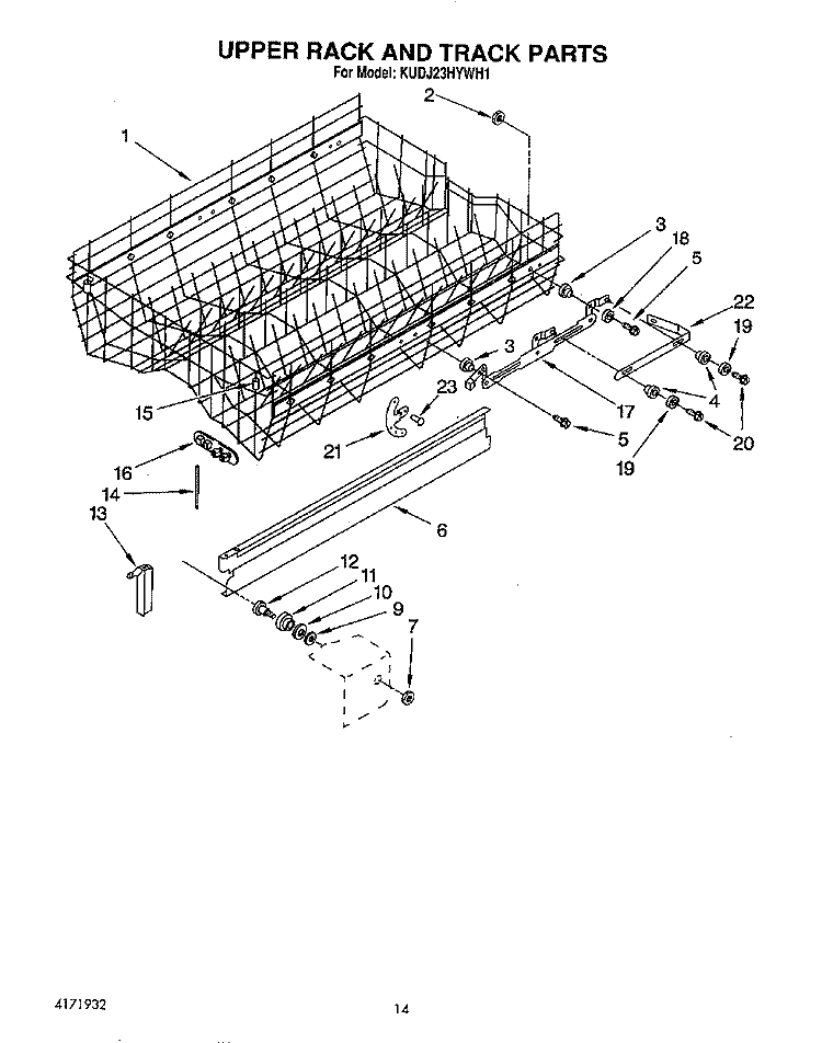 UPPER RACK AND TRACK Diagram and Parts List for KUDJ23HYWH1  KitchenAid Dishwasher