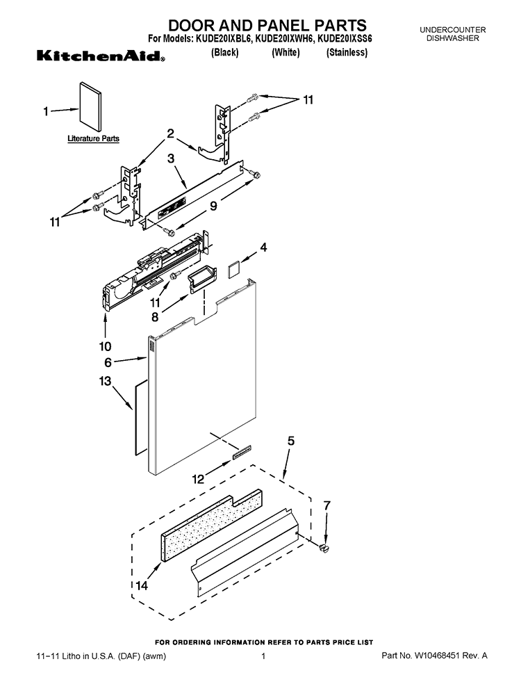 DOOR AND PANEL PARTS Diagram and Parts List for KUDE20IXBL6  KitchenAid Dishwasher