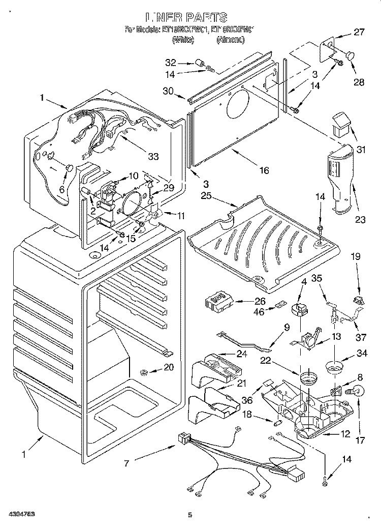 LINER Diagram and Parts List for ET19RKXFW01  Whirlpool Refrigerator