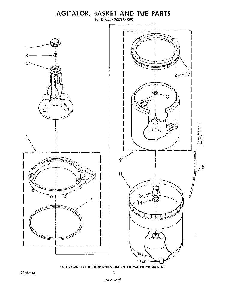 AGITATOR, BASKET AND TUB Diagram and Parts List for CA2751XSW2  Whirlpool Washer