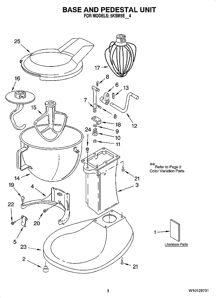 BASE AND PEDESTAL UNIT Diagram and Parts List for 5KSM5EER4  KitchenAid Mixer