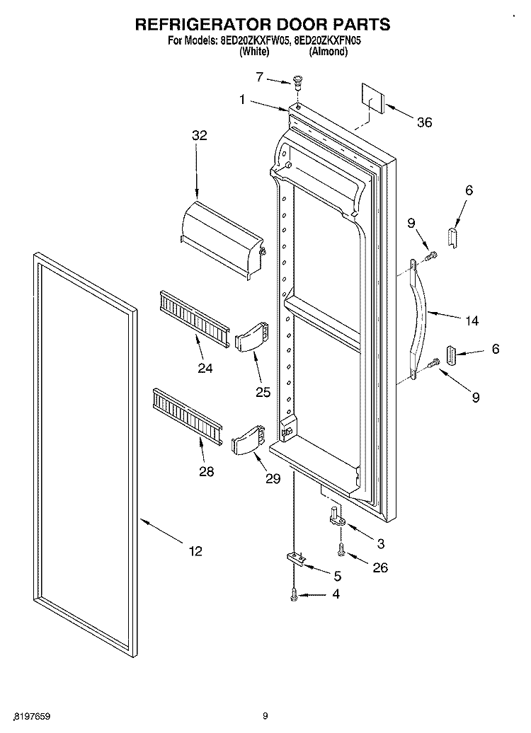 REFRIGERATOR DOOR Diagram and Parts List for 8ED20ZKXFW05  Whirlpool Refrigerator