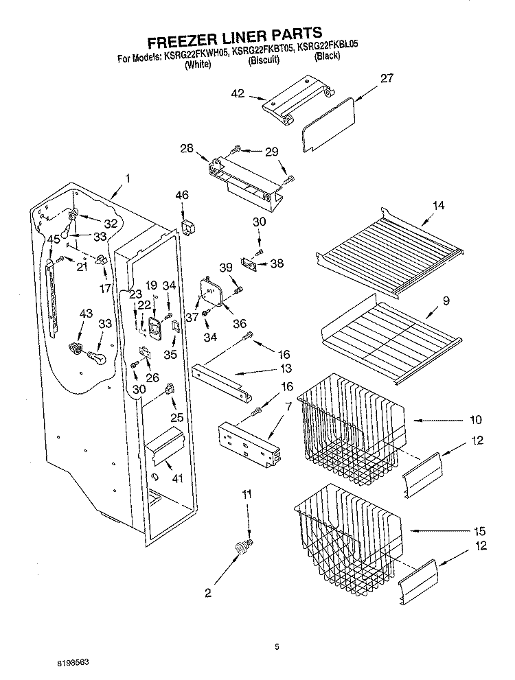 FREEZER LINER PARTS Diagram and Parts List for KSRG22FKBL05  KitchenAid Refrigerator
