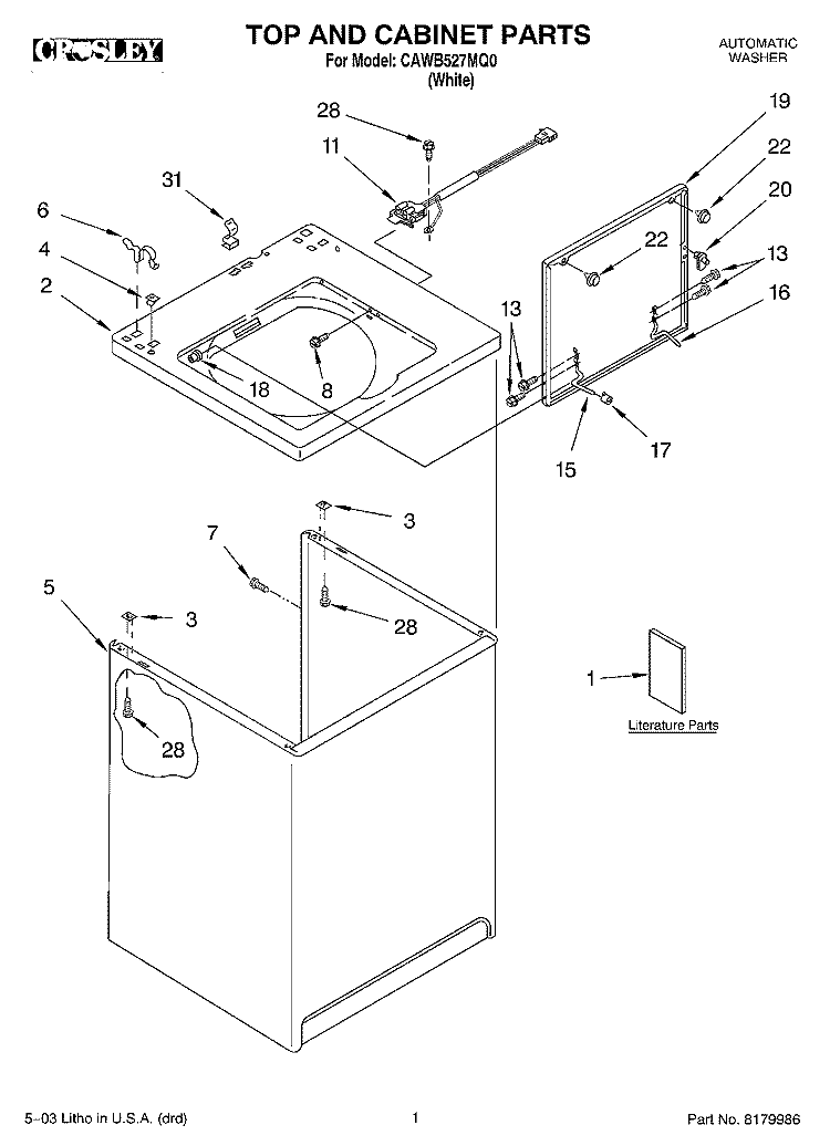 TOP AND CABINET PARTS Diagram and Parts List for CAWB527MQ0  Crosley Washer