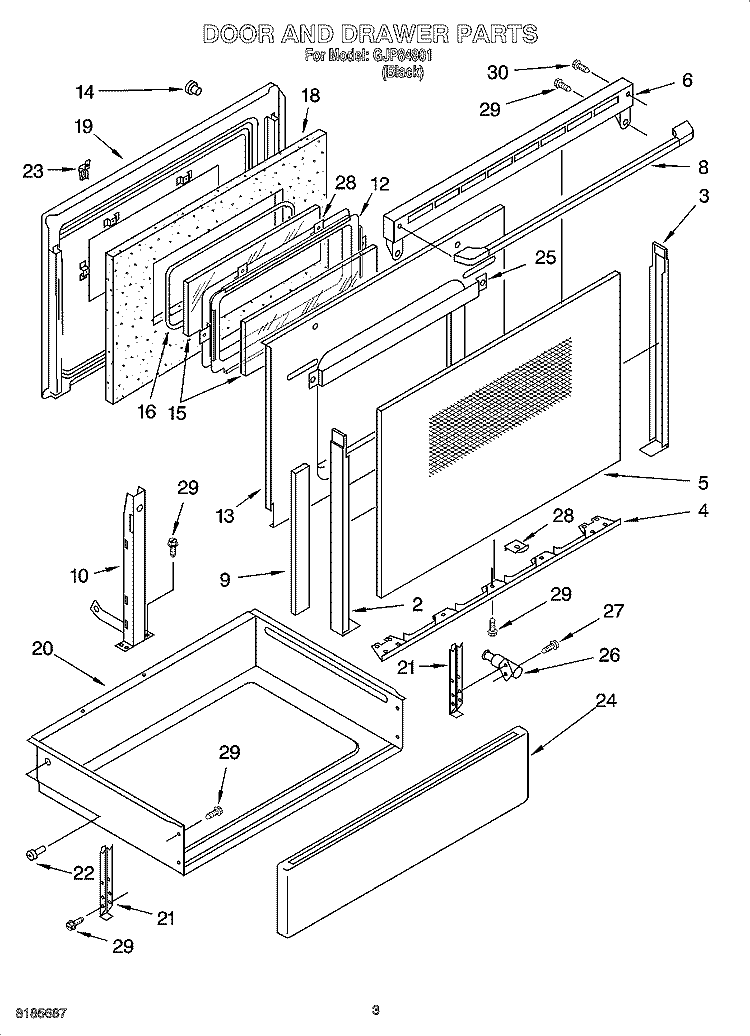 DOOR AND DRAWER PARTS Diagram and Parts List for GJP84901  Whirlpool Range