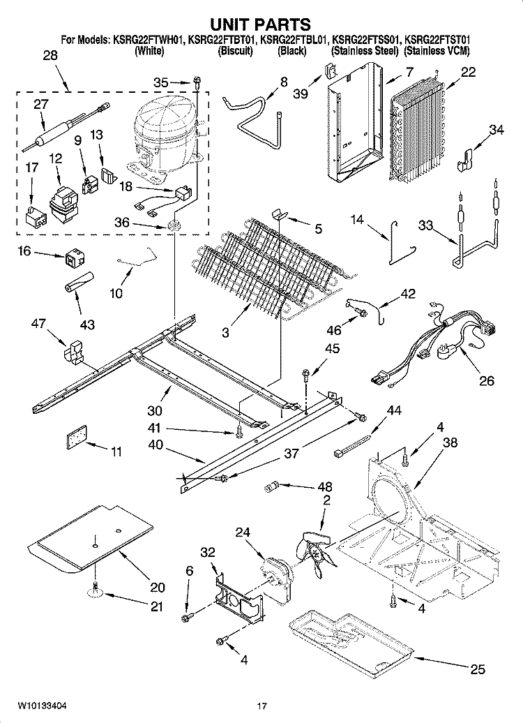 UNIT PARTS Diagram and Parts List for KSRG22FTBL01  KitchenAid Refrigerator